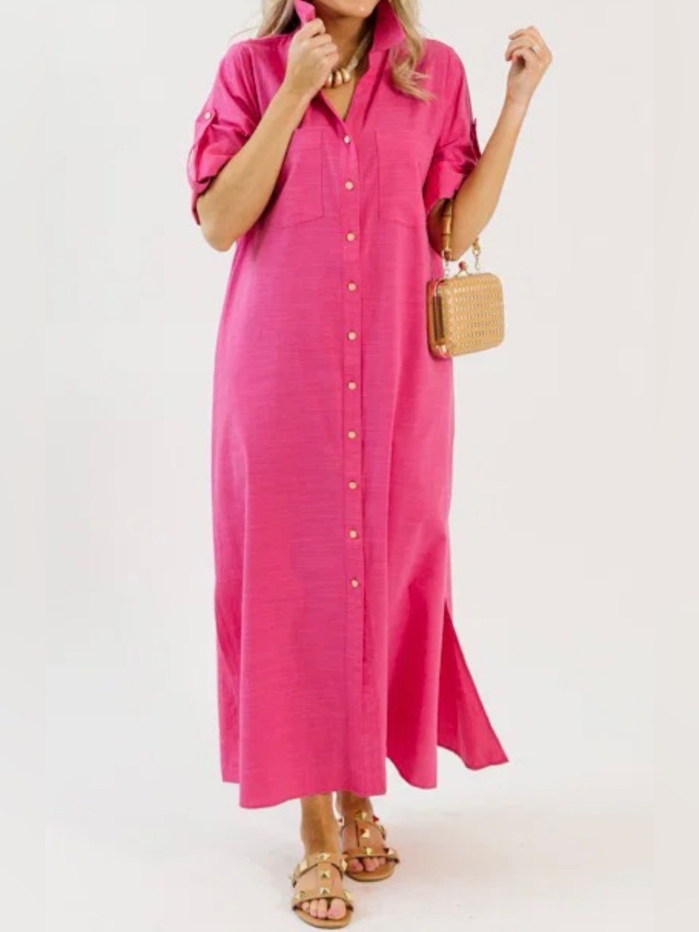 **NWT** JODIFL Hot Pink Button-Front Maxi Shirt Dress L **NEW**